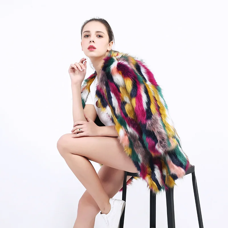 

Winter Bomber Faux fur coat Mixed color fox fur jacket imitation Mink Fur Cardigan Warm 2018 Rainbow color Fur Streetwear
