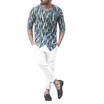 

2019 New Arrival Fashion Mens Needle show Autumn Half Sleeve Casual Fit Cotton Round Blouse M-4XL Multi Color Hawaiian Top