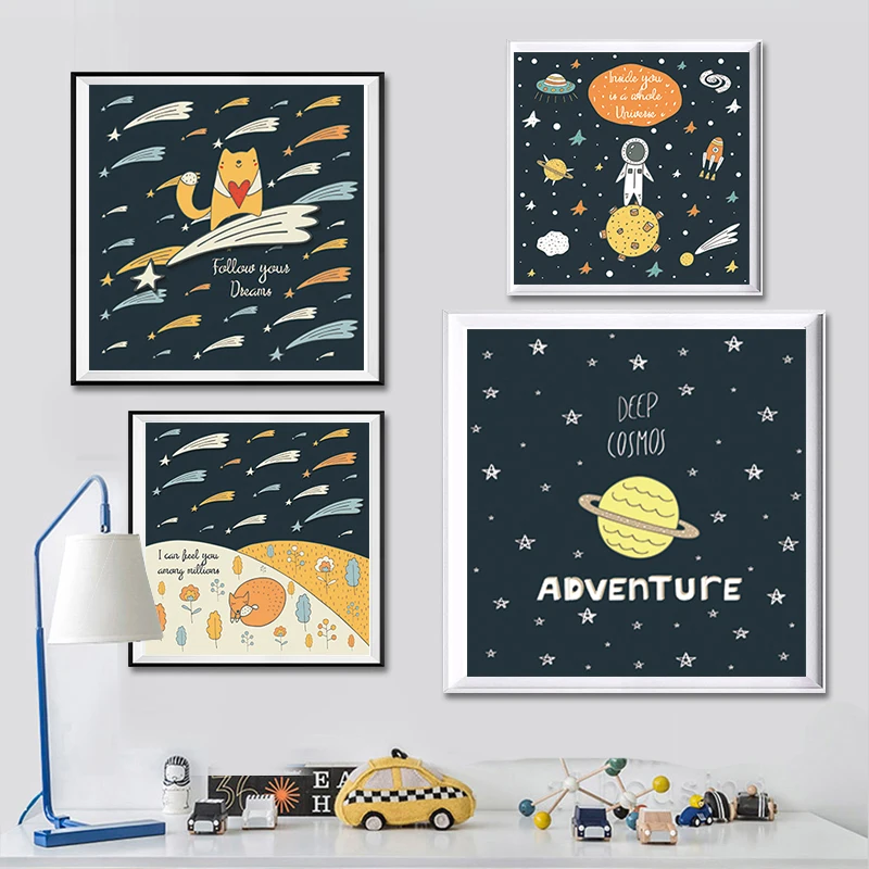 

Cartoon Cute Moon Stars Spacecraft Spaceman Animals Art Canvas Poster Painting Modern Children Room Decor Wall Picture No Frame