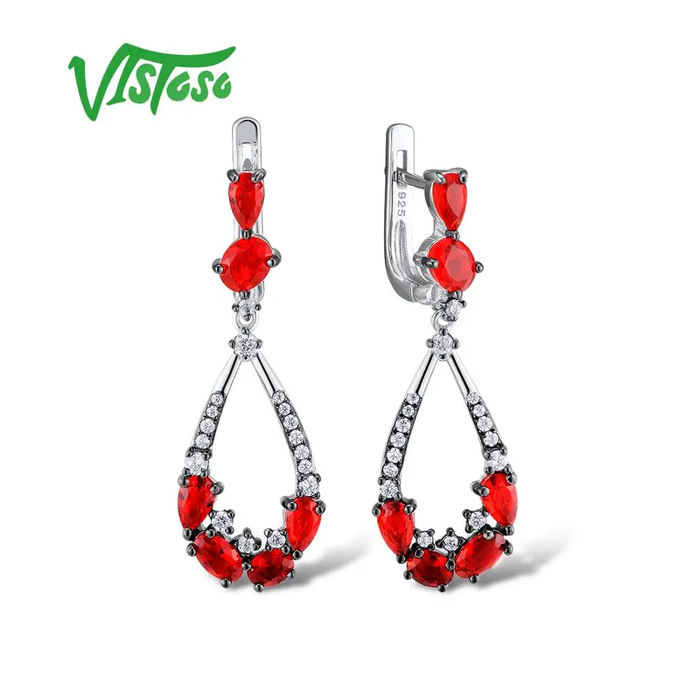 

VISTOSO Silver Drop Earrings Jewelry Earrings 925 Sterling Silver Women Red Crystal Fashion Party Fine Jewelry