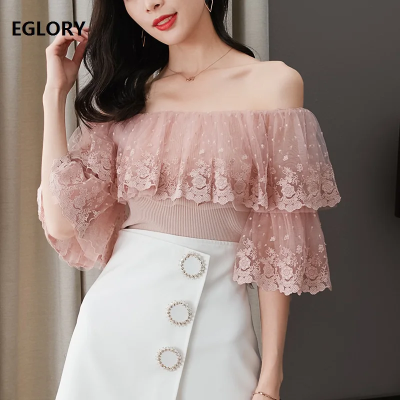 

High Quality Brand Sweaters 2019 Summer Fashion Pullovers Women Sexy Off Shoulder Lace Patchwork Sexy Club Tops Female Knitwear