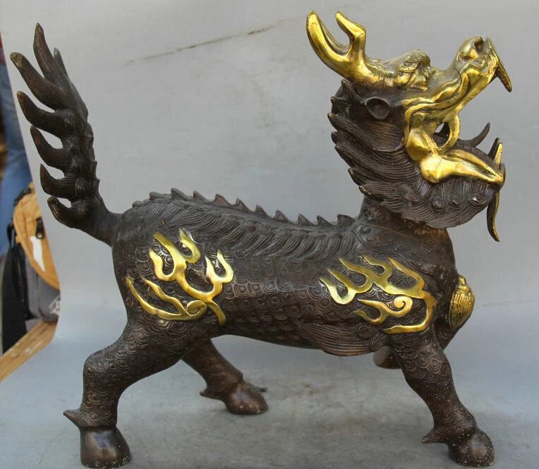 

S1839 18" Chinese Bronze Gold Folk animal Kylin Chi-lin Qilin Beast sculpture Statue D0318