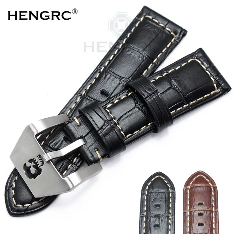 HENGRC Watchbands 22mm 24mm Brown Black Genuine Leather Women Men Watch Band Strap Metal Skull Hollow Buckle Panerai Accessories