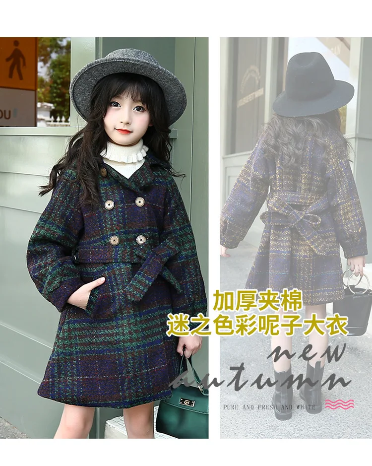 Шерстяное пальто в клетку для девочек; сезон осень-зима; платье; детская верхняя одежда; плотная теплая одежда принцессы для детей