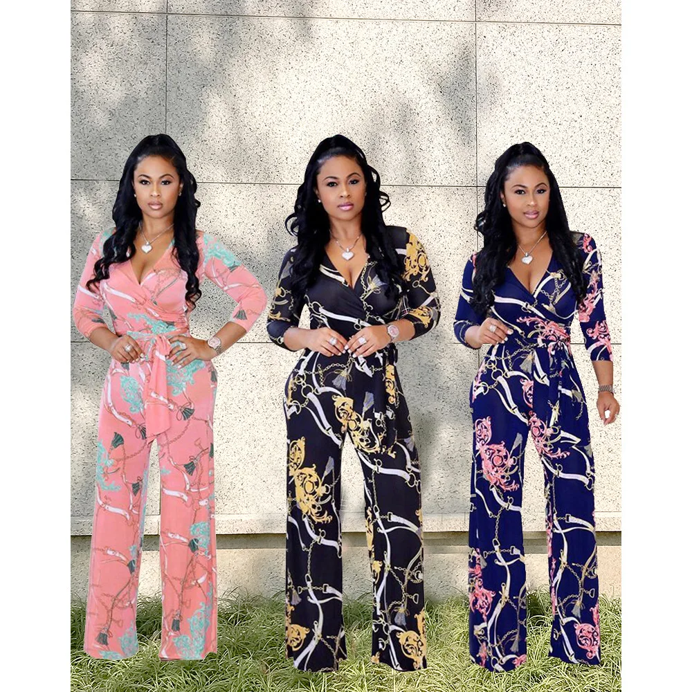 

Spring and summer 2019 new style, fashionable African clothing, fashion printing casual waist and wide leg jumpsuit with belt
