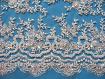

1yard Luxury Pearl Beads Embroided Fabric 3D Flower Lace Fabric Materials Bridal Dress