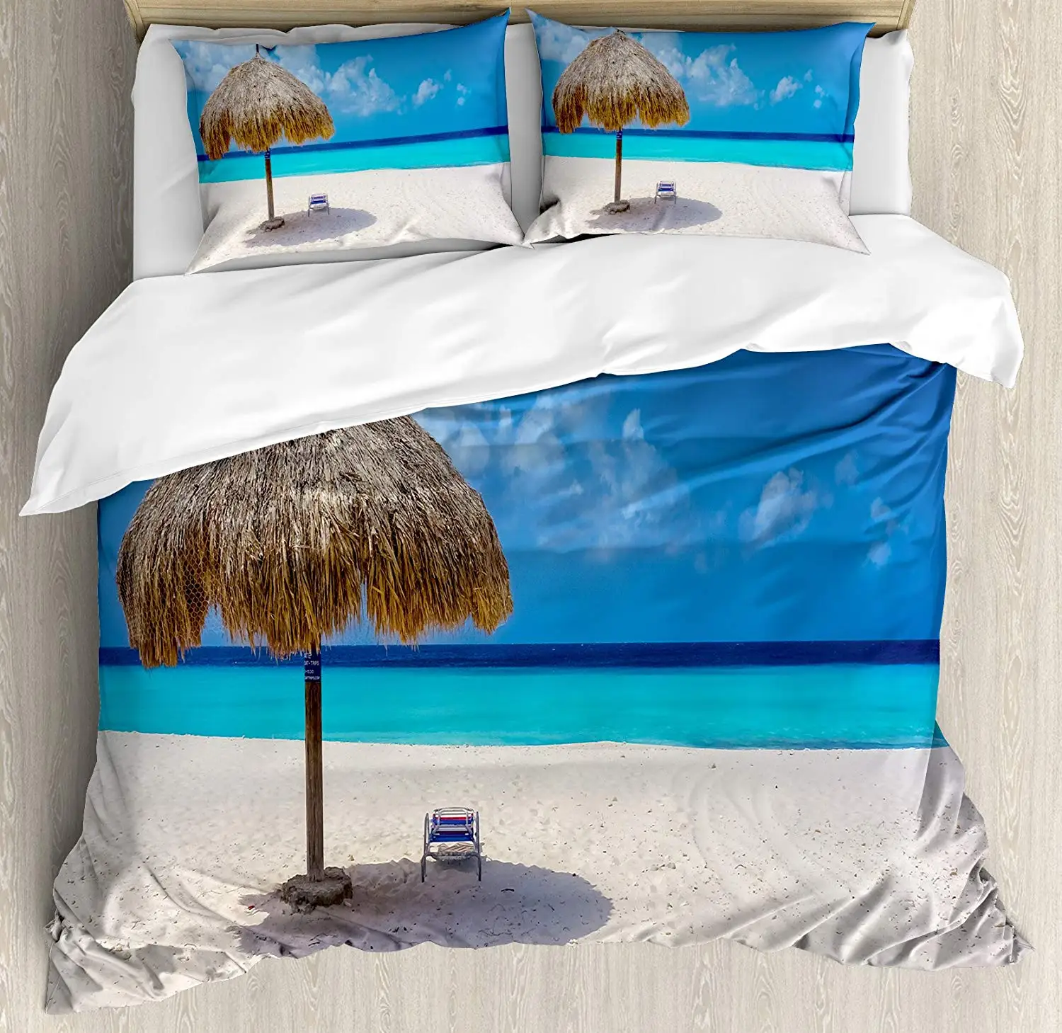 

Seaside Duvet Cover Set Parasol and Chair Sunny Day in Romantic Beach Caribbean Paradise Image, Decorative 3 Piece Bedding Set