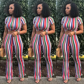 

Women Stripe Print Sexy Two Piece Set Crop Top And Wide Leg Pants Matching Sets Casual Skinny Tracksuit 2 Piece Club Outfits