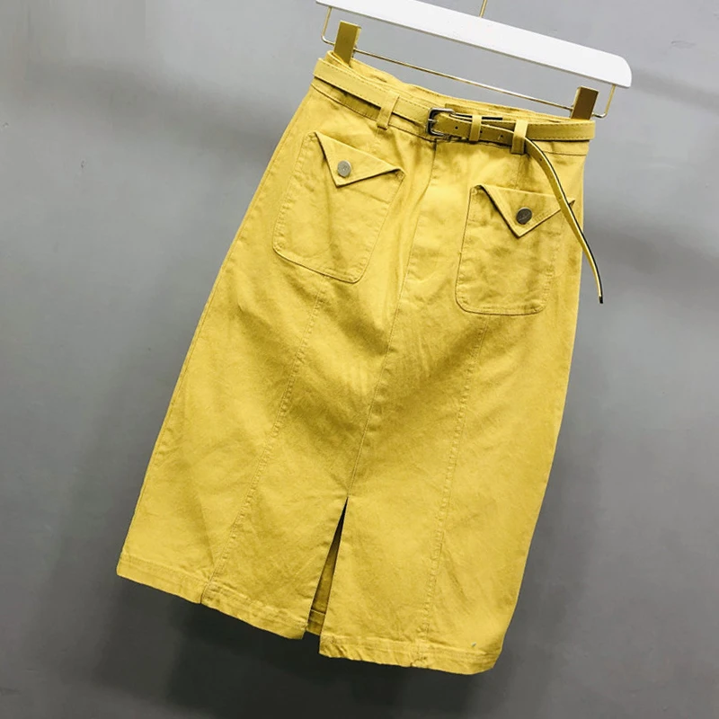 

Spring Summer Woman Ladies Yellow Beige Black Denim Pencil Skirt With Belt, Korean Style Skinny Stretch Jean Skirts For Women