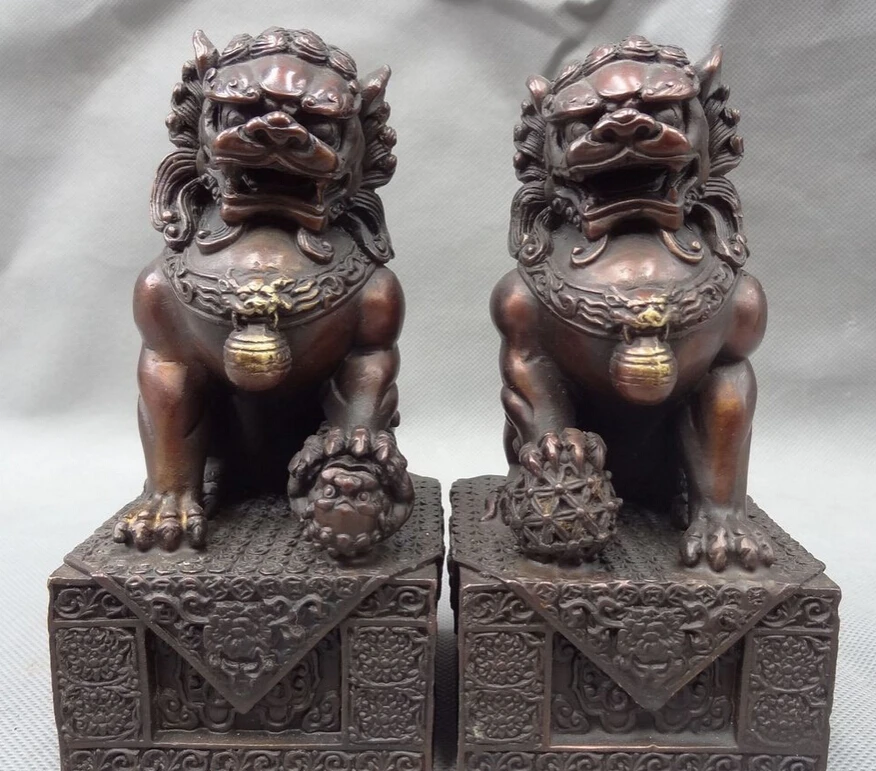 

song voge gem S2753 Chinese Pure Bronze Guard Wealth FengShui Foo Fu Dog Men Lion Ball Statue Pair