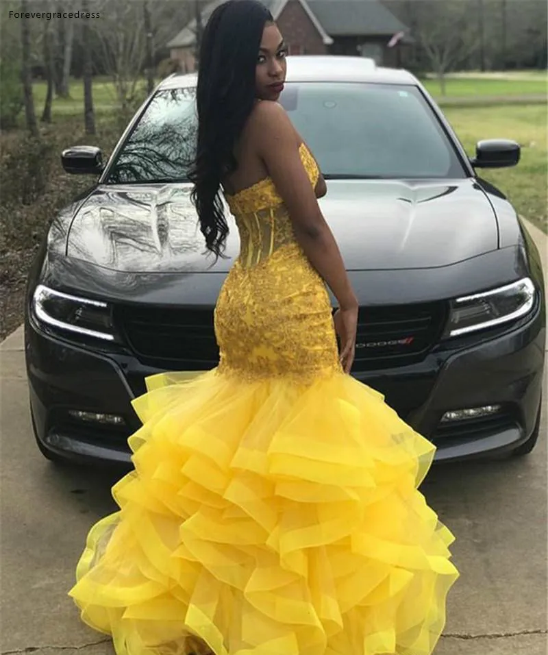 Yellow Tier Ruffles Tulle Skirt Prom Dresses 2019 Mermaid Sweetheart African Black Girls Evening Party Gowns With Appliques Beads BC1635  175 (3)