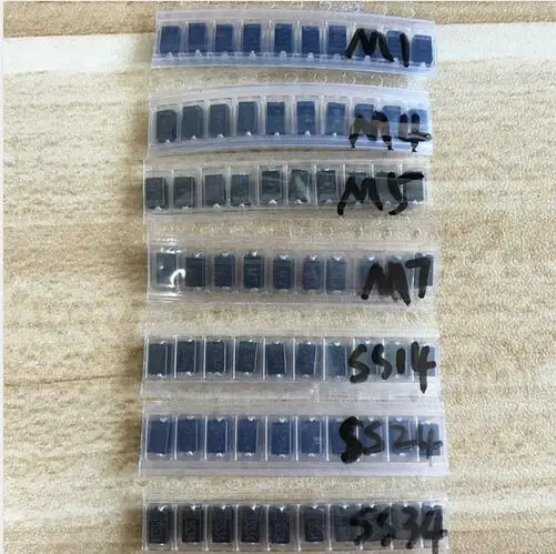 

Free Shipping 7 kinds*10pcs=70pcs/lot SMD diode package / M1 (1N4001) / M2 (1N4002) /M4(1N4004)/ M7 (1N4007)/ SS12 SS14 SS34