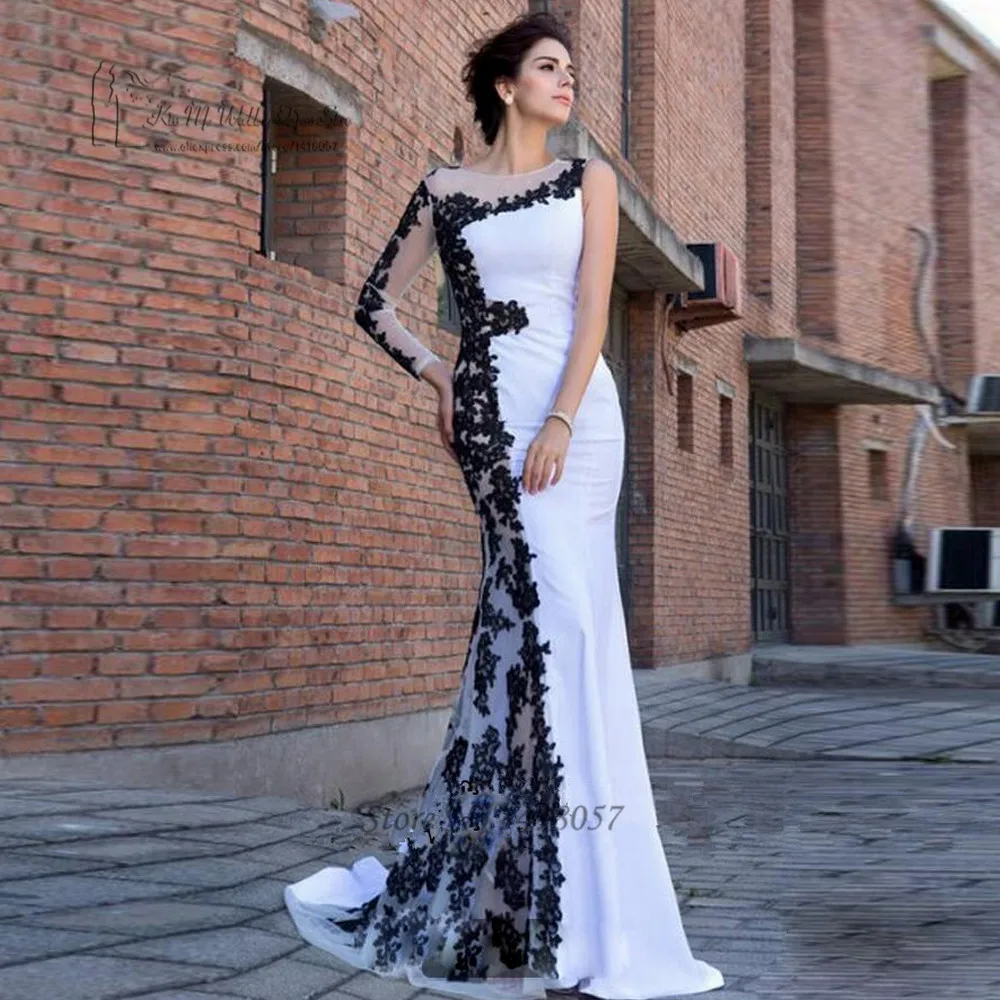 Robe de Soiree Longue White Black Mermaid Evening Dresses Long Sleeve Prom Dress 2017 Formal Women Gowns Lace Abiye Avondjurk Robe de Soiree Longue White Black Mermaid Evening Dresses Long Sleeve Prom Dress 2017 Formal Women Gowns Lace Abiye Avondjurk