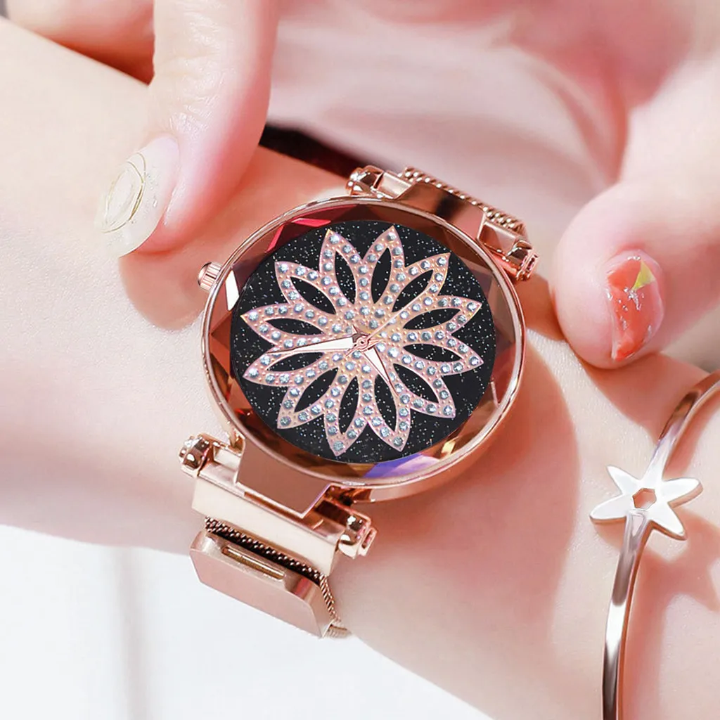 

Vansvar Casual Womens Gold Mesh Watch Flower Print Analog Dress Quartz Wrist Watch Montre Femme Ladies Clock reloj mujer A2