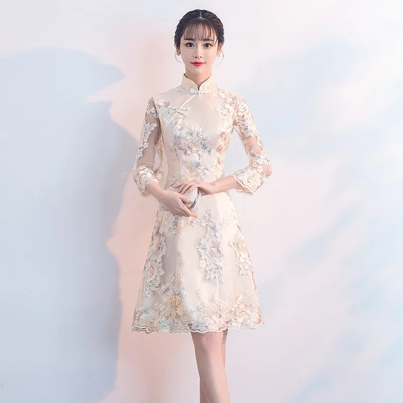 

Sexy Female Three Quarter Sleeve Cheongsam Improved Chinese Style Dress Vintage Embroidery Flower Women Qipao Vestidos XS-XXL