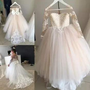 

Champagne Tulle Lace Flower Girl Dress for Wedding with Button Bow Appliques Ball Gown For Cute Princess Sheer Neck Real Picture