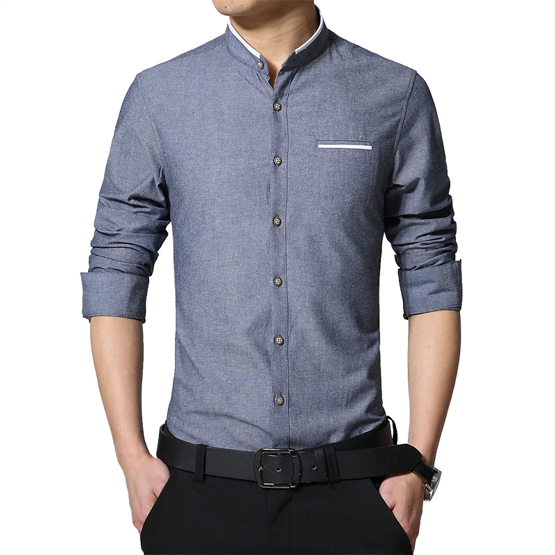 Kopen MIACAWOR Effen Kleuren Shirt Mannen Lente Lange Mouw Camisa Masculina Stand Kraag Casual Shirts Slim Fit Chemise Homme MC278