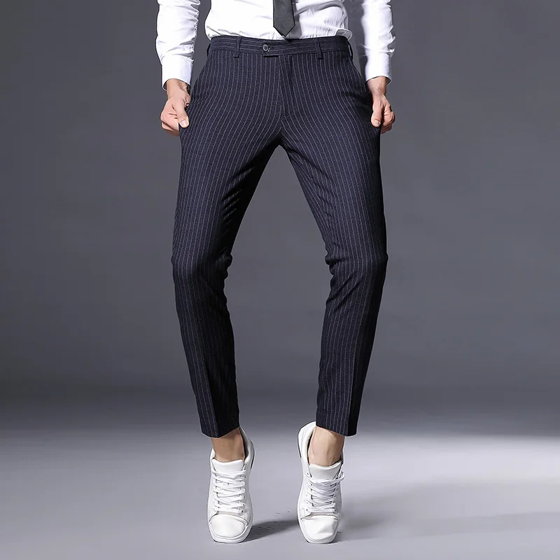 2018 Spring Brand Business Casual Stripe Pants Men Formal Fit Mid Dress