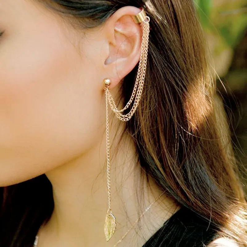 Ear Clip Earrings Fashion Personality Metal Leaf Tassel For Women Gift