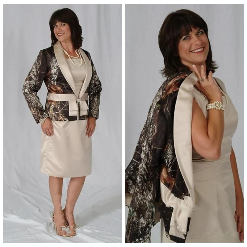 

Square Sheath Knee Length Sheath Mother Of The Bride Formal Dresses Short With Camo Long Sleeves Jacket Two Piece Custom 2017