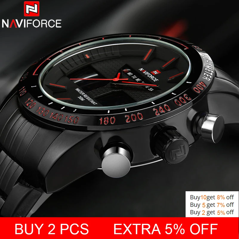 Beste NAVIFORCE Top Merk Mens Sport Horloge Mannen Roestvrij Stalen Analoge Digitale LED Horloges jam tanga Klok Relogio Masculino