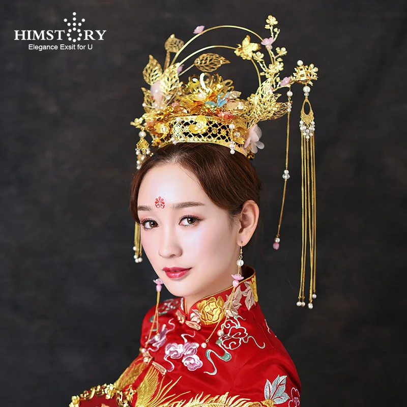 

Himstory Newest Vintage Chinese Style Wedding Hair Tiaras Crown Pink Flower Gold color Tassel Wedding Bridal Hair Accessories