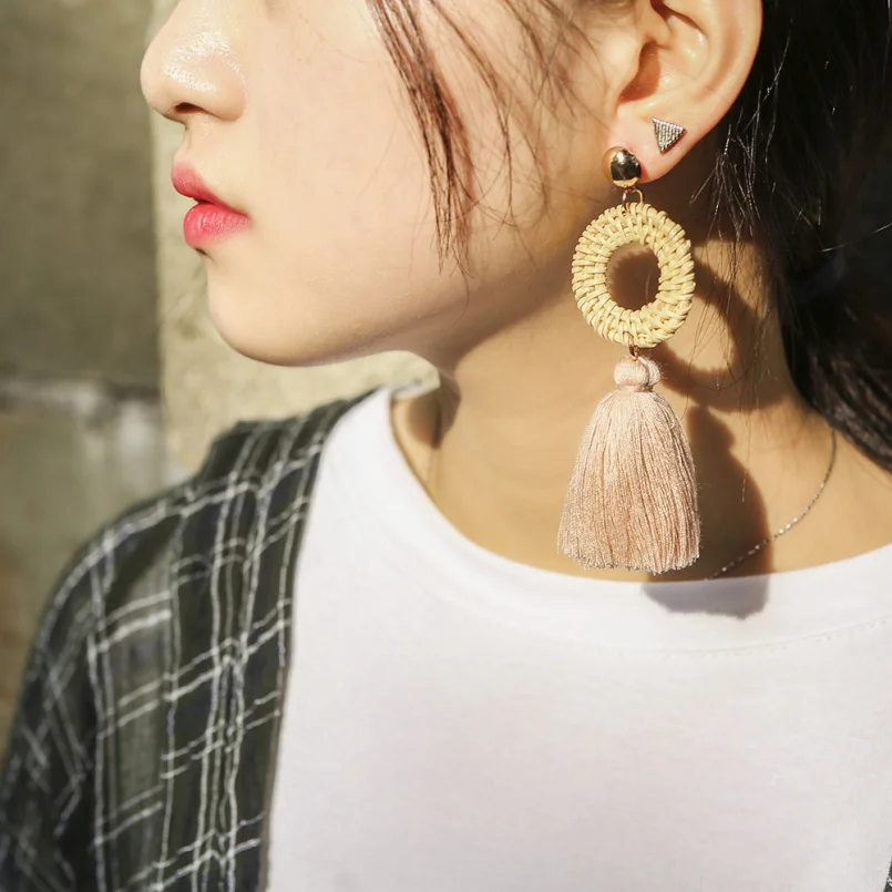 MANILAI Women Circular Straw Rattan Tassel Earrings Long Dangle Fringed Earrings Bohemian Statement Eardrop 2018 Jewelry Big