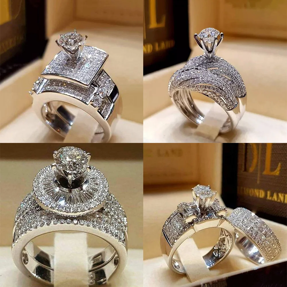 

2pcs/set Bohemian Vintage Elegant Zircon Ring Silver Color Crystal Engagement Wedding Rings for Women Party Boho Jewelry Gift