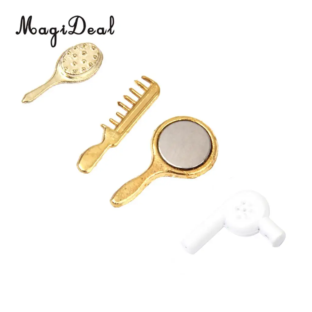 MagiDeal 4Pcs/Set 1/12 Dollhouse Miniature Comb Hair Dryer Mirror for Dolls Bathroom Accessories Children Toys