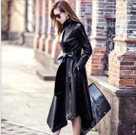 Very good quality Ladies Slim Long Leather Trench Coat