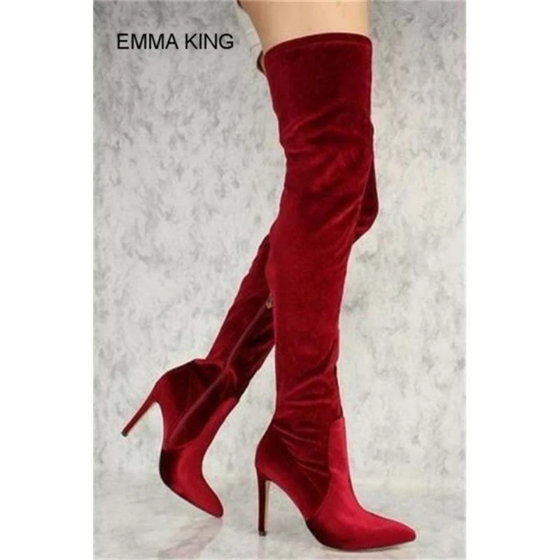 

2019 Autumn Winter Suede Over the Knee Boots Women Pointe Toe High-heeled Stretch Boots Wine-Red Thigh High Botas Mujer