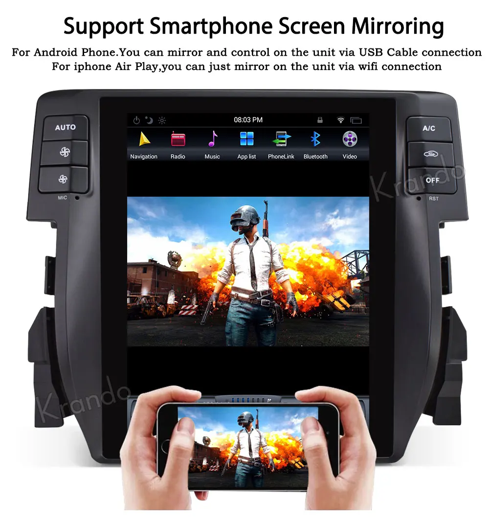 Best Krando Android 8.1 10.4" Tesla style Vertical screen car radio GPS navigation dvd for Honda Civic 2016-2018 multimedia system 5