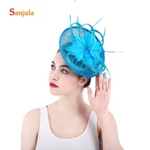 Линия шляпы для невесты Перья Свадебные аксессуары для волос синие шляпы женские вечерние головные уборы cappelli da cerimonia H50