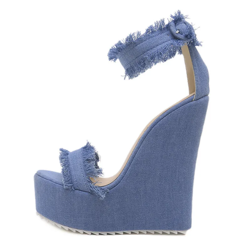 2019 Women Summer 15cm Super Wedge Heels Comfortable Heels Chunky Sandals Fashion Open-Toe Dress Runway Blue Wedges Lolita Shoes