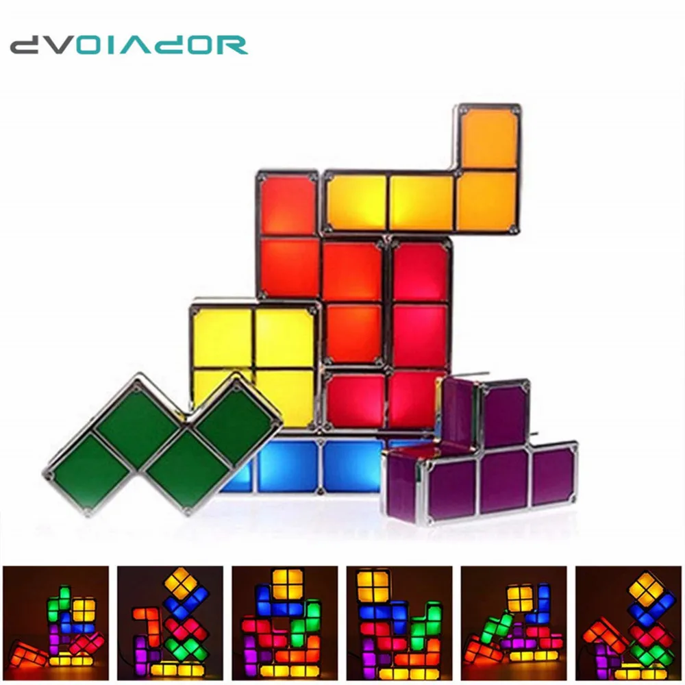 Lâmpada de Mesa Luz da Noite Tetris Quebra-cabeça Empilhável Led Bloco Constructible Retro Jogo Torre Bebê Colorido Diy Luz