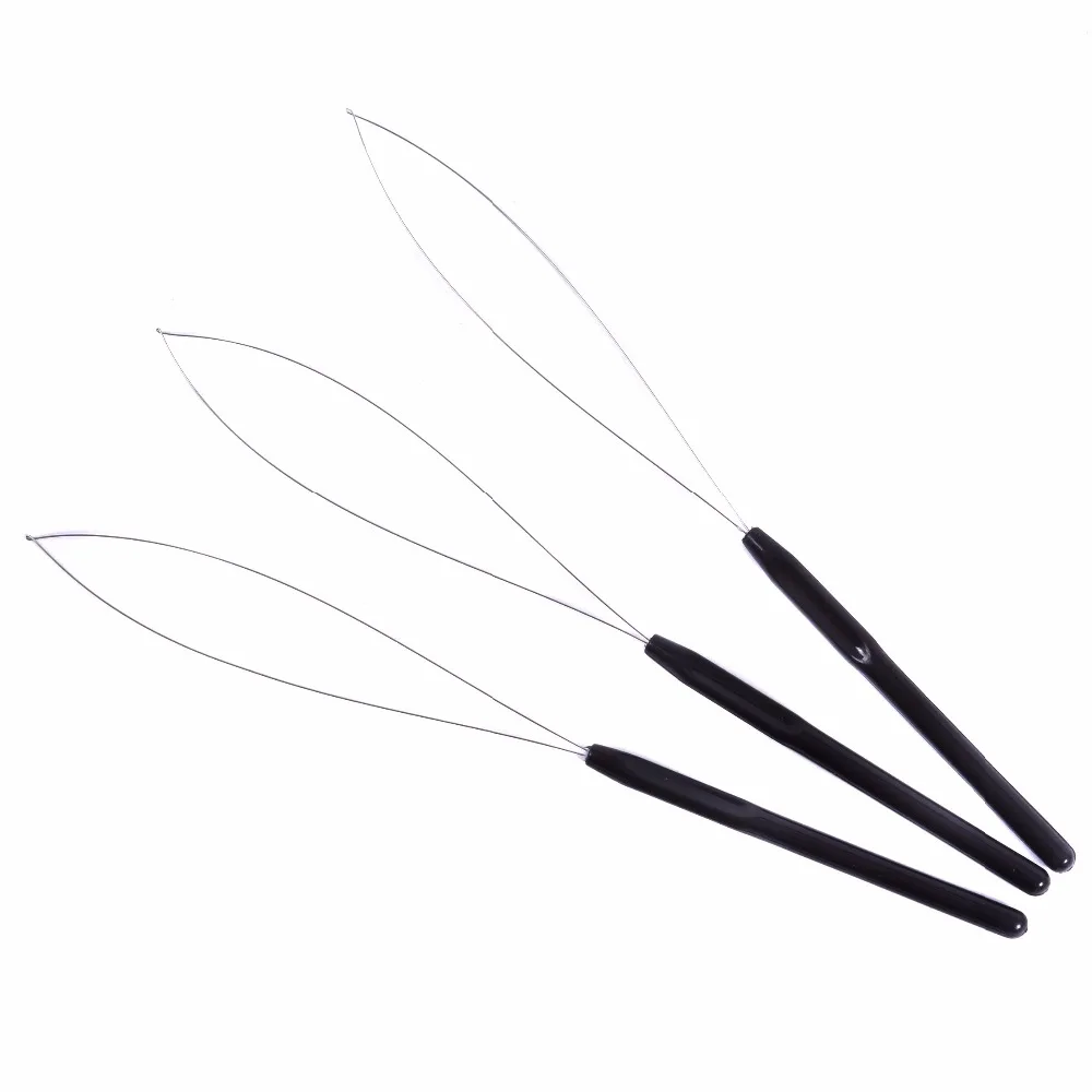 Hair Extension Hook Pulling Tool 6 pcs Needle Threader Micro Rings Beads Loop Plastic Handle With Iron Wire Black
