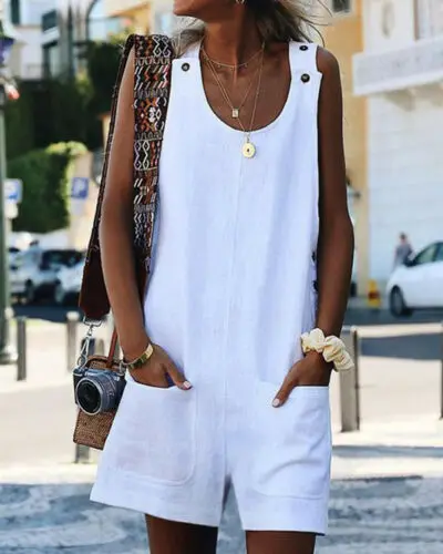 2019 Women Bodysuit Dungarees Linen Harem O-Neck Sleeveless Strap Pockets Solid Loose Jumpsuit Baggy Overall Casual Playsuit Hot