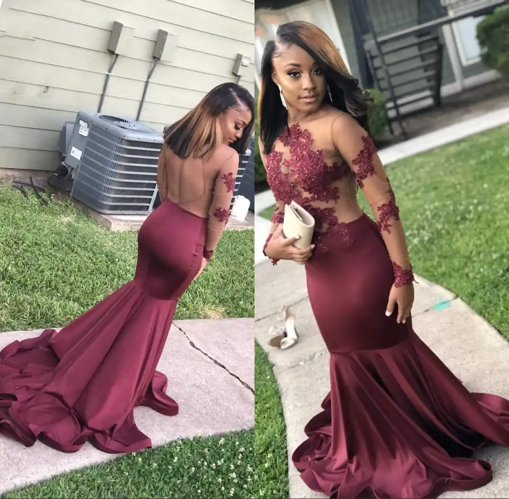 Sheer Long Sleeve Mermaid Burgundy Prom Dresses 19 Lace Appliques African Robe De Soiree Black Girls Formal Prom Party Gowns Evening Dresses Aliexpress