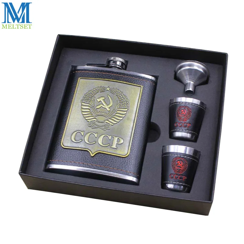 

Meltset Stainless Steel Russian Hip Flask 7Oz Luxury Whiskey Alcohol Flagon+Wine Cup+Funnel Set Pocket Flask CCCP Whiskey Bottle