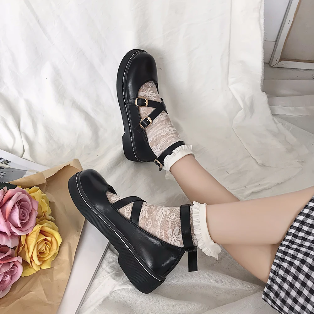 

Round Toe Shoes Japanese Student Lolita Mori Girl Shoes Uniform Shoes PU Leather Ankle-Strap Flatform Mary Jane Shoes