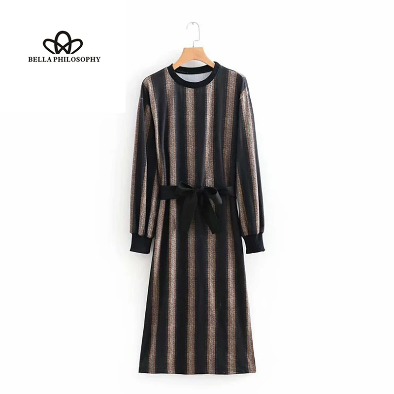 Wonder 2018 new autumn Streetwear Natural Striped O-Neck Polyester Lanon Mid-Calf Ladies Fashion chic Dress