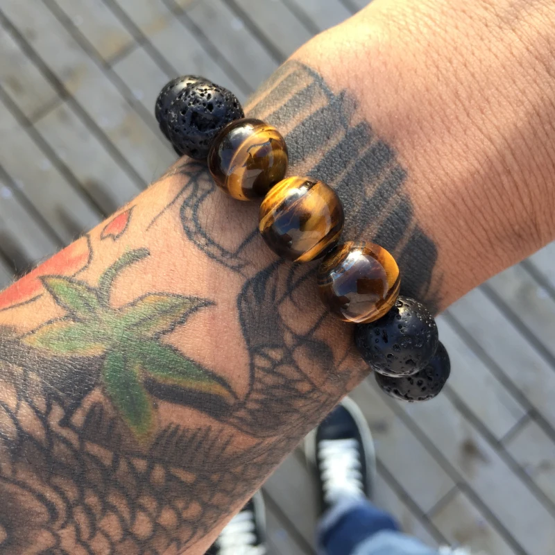 Mcllroy Diy Trendy Bracelets For Men Black Lave Stone Northskull Men Bracelets Lava Stone & Tiger Eyes Stone Jewelry Gift