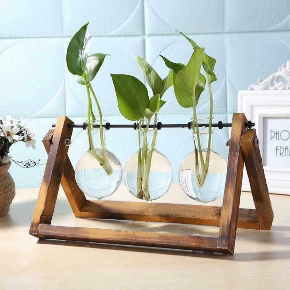 Bulb Glass Vase Wooden Stand Flower Pot Hydroponic Plant Home Desktop Planter US 