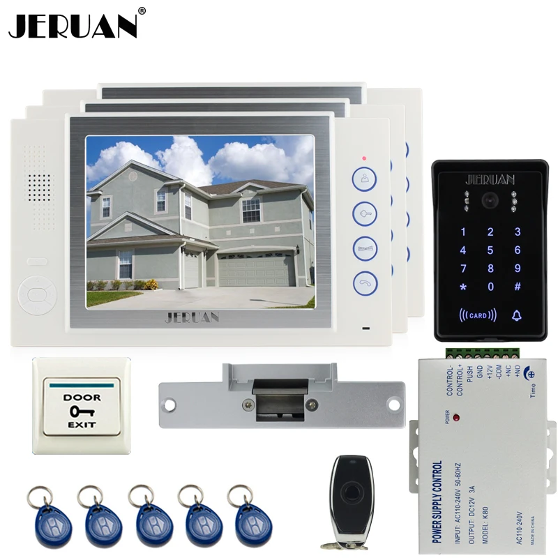 JERUAN Wired 8`` video doorphone Record intercom system kit 3 monitor New RFID waterproof Touch Key password keypad Camera 8G SD JERUAN Wired 8`` video doorphone Record intercom system kit 3 monitor New RFID waterproof Touch Key password keypad Camera 8G SD