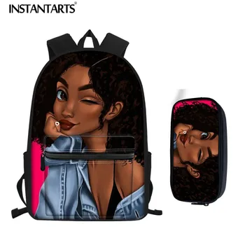 

INSTANTARTS School Bag for Teenager Girl 2pcs Set Children Backpack Black Art African Girl Printing Black Gilr Magic School Bags