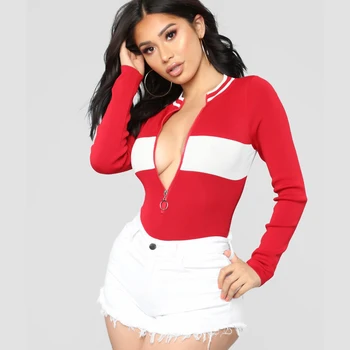 

Zipper cotton long sleeve O-neck skinny body suit 2020 new summer board lady Red solid sexy bodysuit beachwear women jumpsuit
