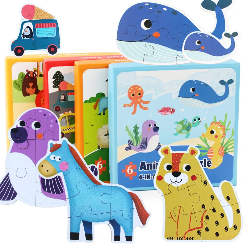 Новинка(6 шт. в коробке) деревянная игрушка-головоломка, детские Морские животные, дорожный автомобиль, познавательные развивающие обучающие игрушки для детей, MG-E015