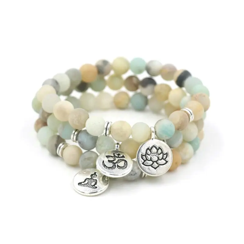 

Matte Amazonite Stone Strand Lotus Bracelet OM Buddha Charm Bracelet Silver Plated Men Women Energy Yoga Chakra Pulseras Gift