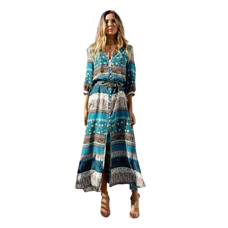 

Women Long Maxi Dresses Bohemia V-neck Three Quarter Sleeve Floral Print Ethnic Summer Beach Female Split Stylish Style Dress