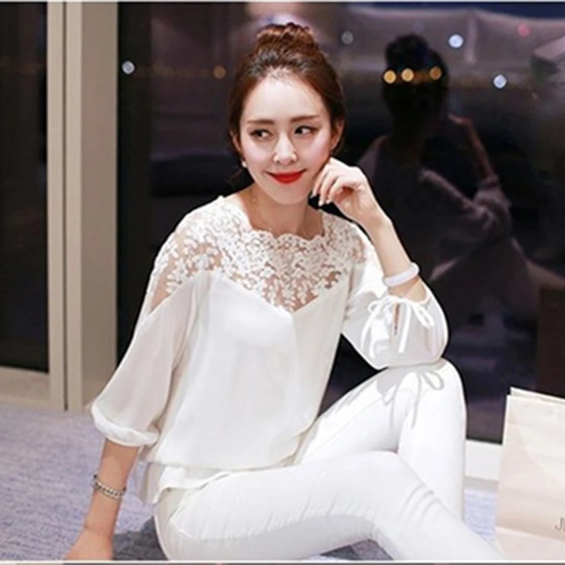 Hengsong Летняя женская шифоновая блузка, модные женские кружевные рубашки, Белый Топ, футболка, женская блузка с длинным рукавом, прошитая блузка